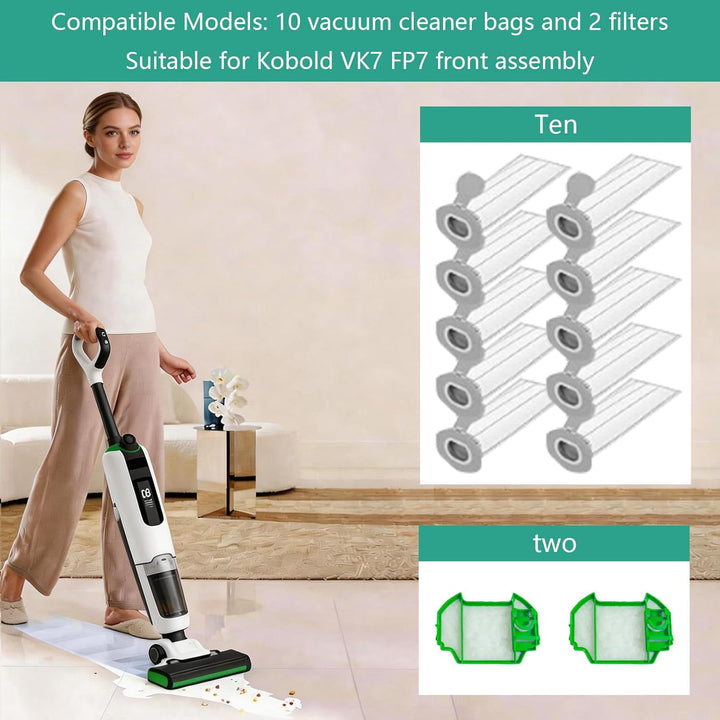 10 Stück Staubsaugerbeutel und 2 Filter für Vorwerk Kobold VK7 FP7 Premium Filtertüten Staubsauger A