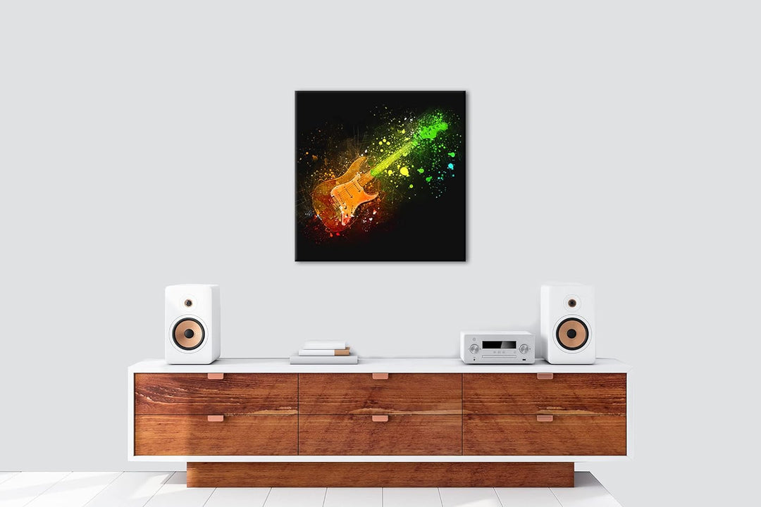 farbenfrohe Gitarre Format: 70x70 als Leinwandbild, Motiv fertig gerahmt auf Echtholzrahmen, Hochwer