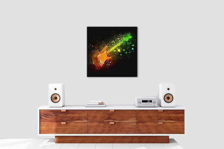 farbenfrohe Gitarre Format: 70x70 als Leinwandbild, Motiv fertig gerahmt auf Echtholzrahmen, Hochwer