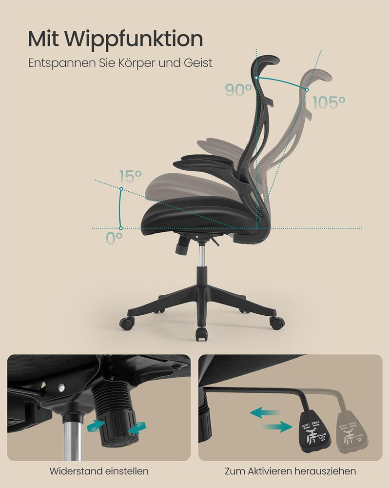 SONGMICS Bürostuhl, Schreibtischstuhl, ergonomische Rückenlehne, höhenverstellbar, hochklappbare Arm