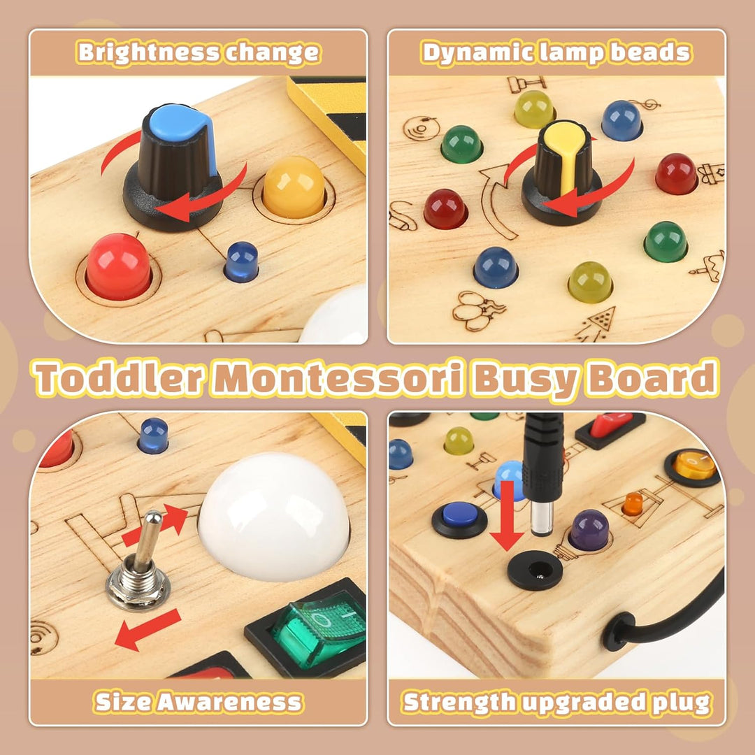 Baby Montessori Busy Board ab 2 Jahr, Motorikspielzeug mit 19 LED, Activity Board Holzspielzeug Lern