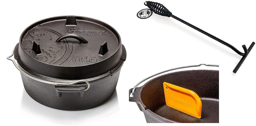 Petromax Feuertopf Starterset FT4.5-t (Dutch Oven Planer Boden) inkl. Deckelheber + Schaber
