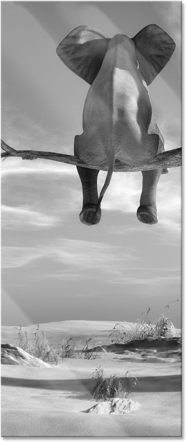 Glasbild Panorama | Wandbild aus Echtglas | Elefant auf einem Ast in der Wüste | 100x40 cm | inkl. A