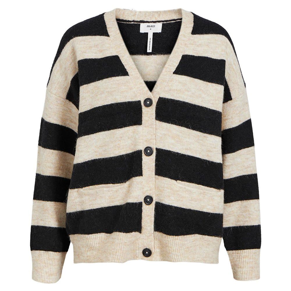 Object Damen Objminna L/S Knit Cardigan Noos Strickjacke XS Sandshell/Stripes:black, XS Sandshell/St