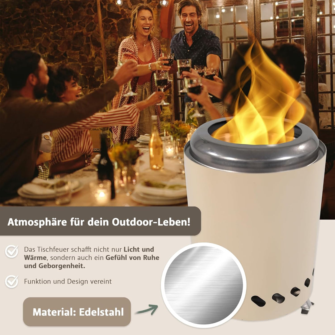Tischkamin beige rauchfrei, Tischfeuer Outdoor, Mini-Feuerstelle tragbar mit Tragetasche, rauchfreie