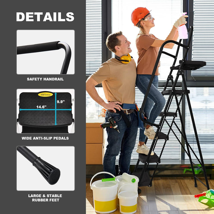 HBTower Trittleiter 5 Stufen klappbar, Leiter mit Breitem Anti-Rutsch-Pedal, Trittleiter mit Bequeme