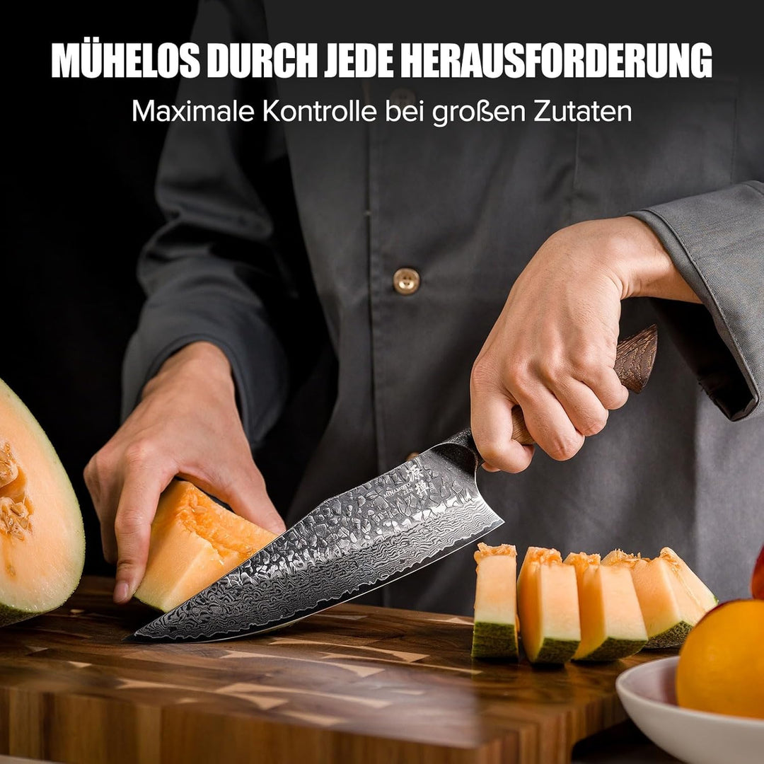 OKAMI Damastmesser Chefmesser 21,9 cm – Handgeschmiedetes japanisches Küchenmesser aus echtem Damast