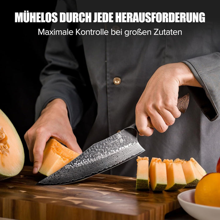 OKAMI Damastmesser Chefmesser 21,9 cm – Handgeschmiedetes japanisches Küchenmesser aus echtem Damast