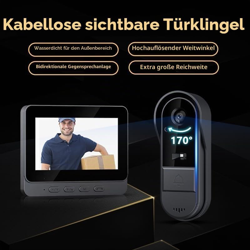 Drahtlose Video Türklingel mit 4.3" HD Innenmonitor Wasserdicht Kabellose Doorbell 1080P Funk Türkli