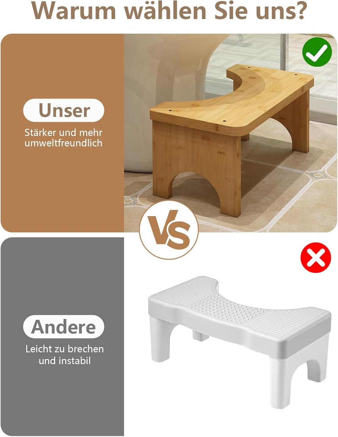 Toilettenhocker aus Bambusholz für Erwachsene, Klohocker für verbesserten Stuhlgang, WC Hocker für b