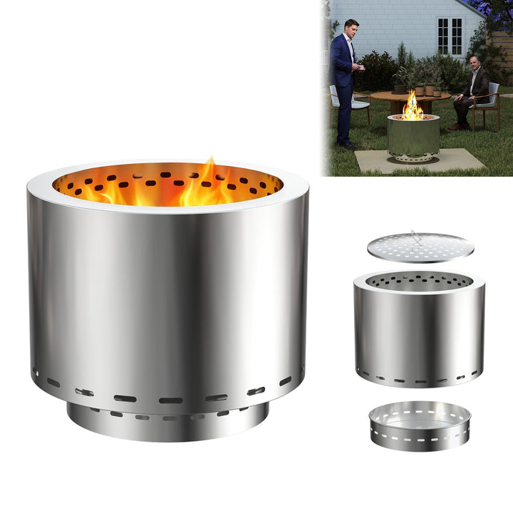 49cm Feuerschale Edelstahl Outdoor, Rauchfreie Feuerstelle für den Garten, Tragbarer Feuerkorb und F