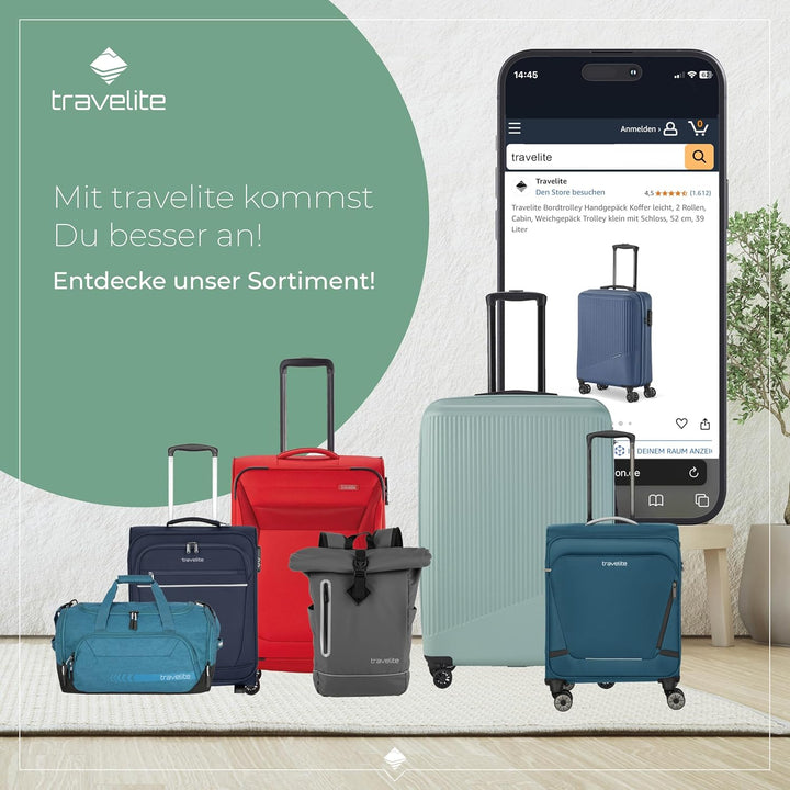 travelite Handgepäck Koffer mit 4 Rollen für Lufthansa, Austrian + Swiss, integriertes Zahlenschloss
