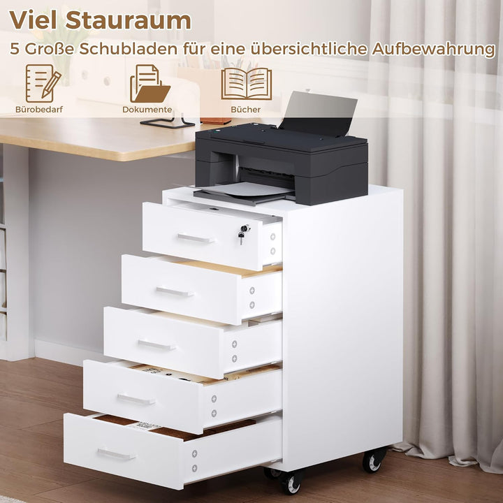 Rollcontainer mit 5 Schubladen, Aktenschrank Mit Schloss Metallrädern