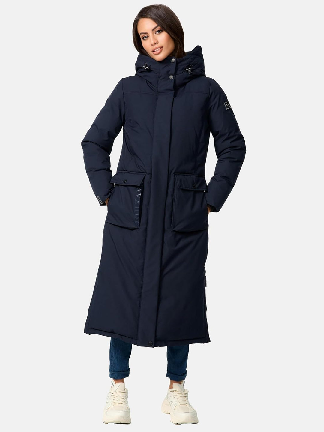 Navahoo Damen Wintermantel Warmer Mantel extralang mit Kapuze Wolkenfrost XIV XS-XXL L Navy, L Navy