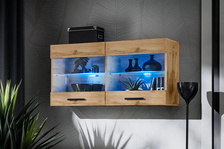 Komodee, Vitrine Schrank Savona, Wotan/Wotan, Breite 100cm x Höhe 50cm x Tiefe 30cm, Blaue LEDs, 2 G