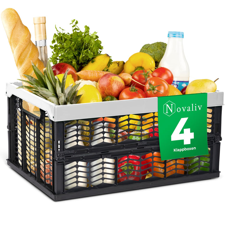 Novaliv Klappboxen faltbar stabil | 4x 30L Grau Schwarz baskets Einkaufskiste| Klappkisten Set Trage