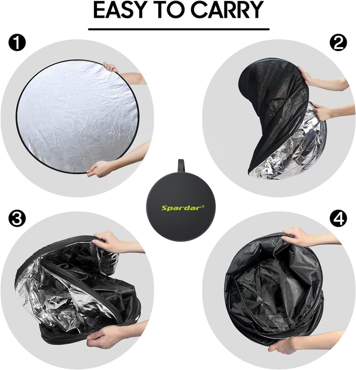 Spardar 110CM 5 in 1 Reflektor Mit Stativ, Runder Faltreflektor (Diffusor und Gold/Silber/Weiss/Schw