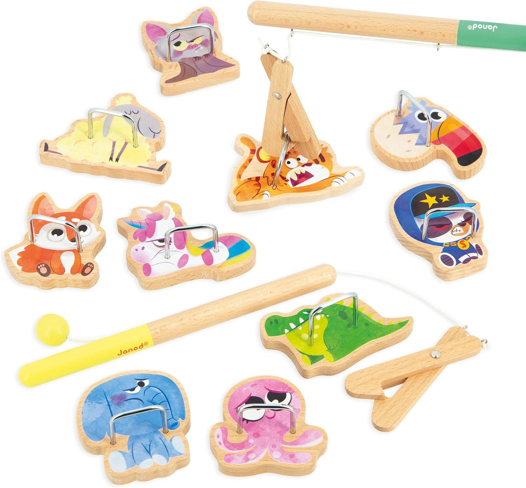 Janod - Angelspiel Applepop - Geschicklichkeitsspiel für Kinder - 2 Greifer + 10 Tiere + 1 Beutel -