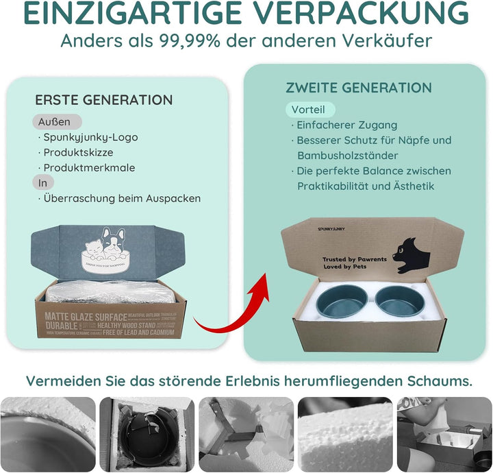 SPUNKYJUNKY Hundenapf Keramik Doppel Hund Futternapf mit Bambus Ständer für Katzen und Hunde (400ml,