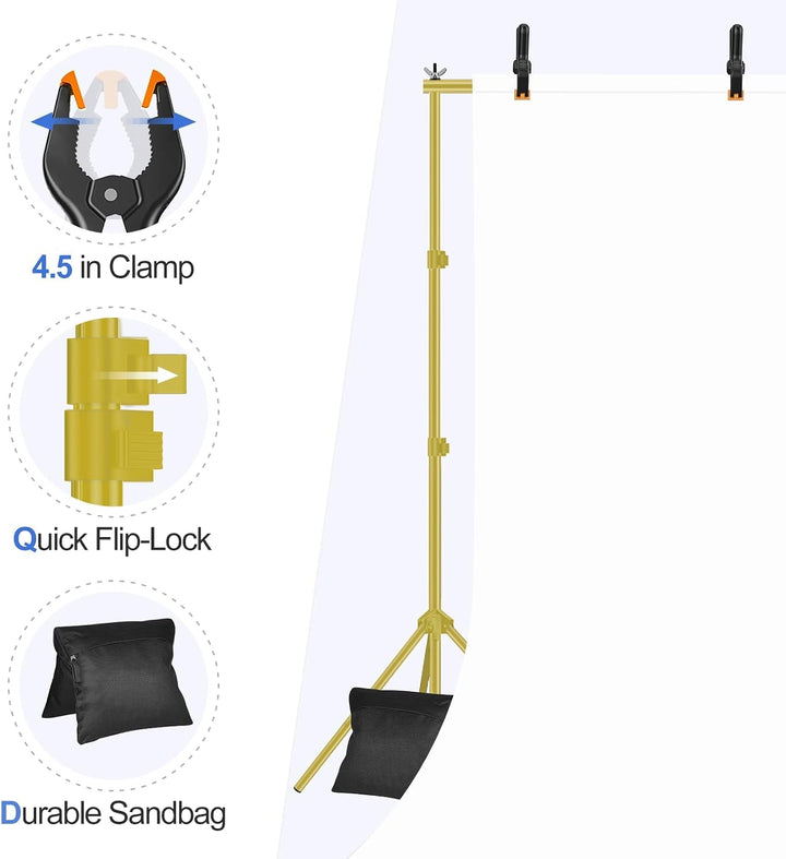 EMART Goldener Foto Hintergrund Ständer, 2x3m Verstellbarer Hintergrundsystem mit 8 Hintergrundklemm