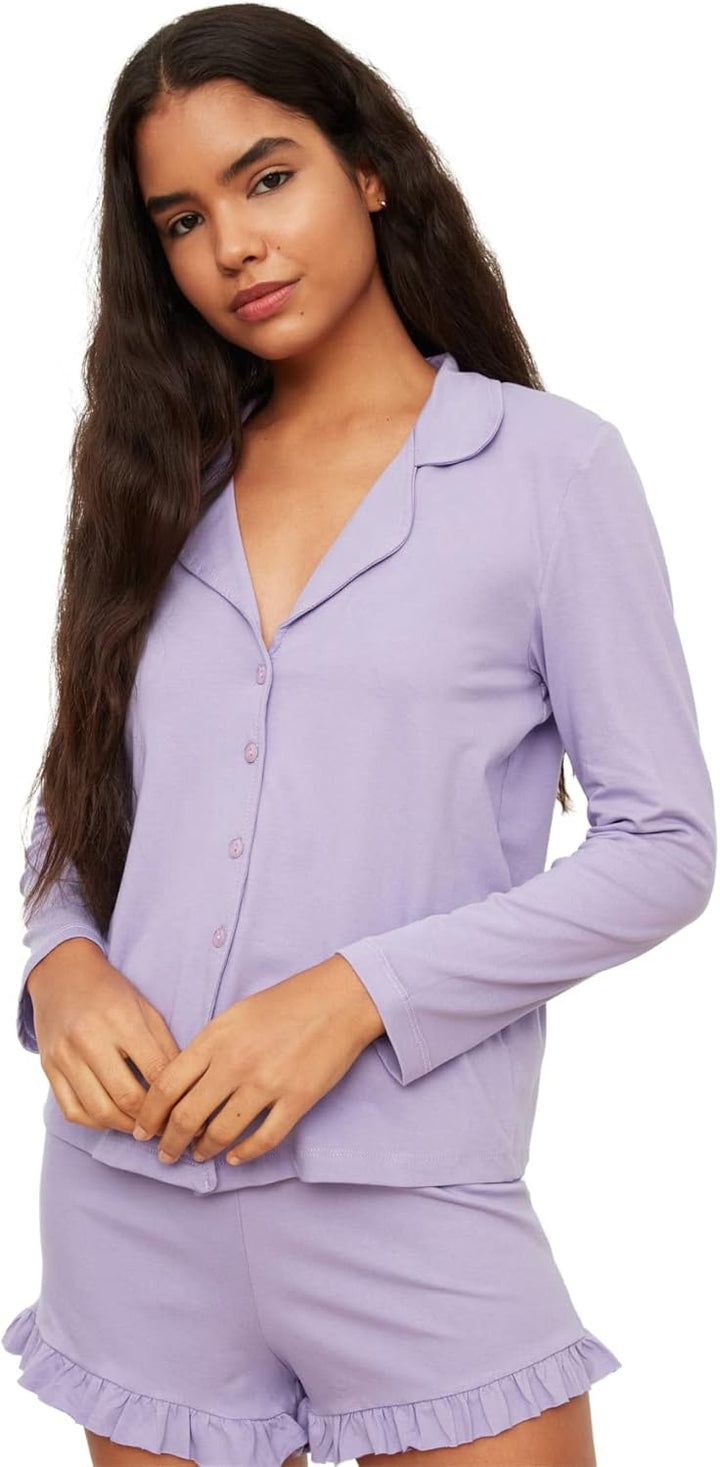 TRENDYOL Damen Lila Rüschen Detaillierte Gestrickte Pyjamas-kit Pajama Set XXL Lila, XXL Lila