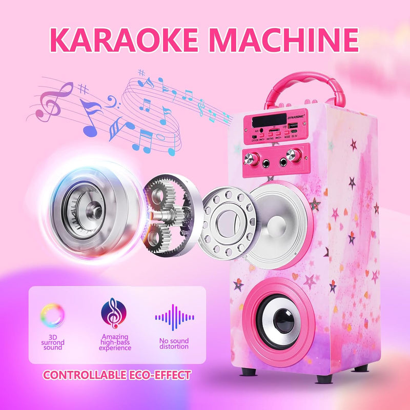 DYNASONIC Karaoke mit 2 Mikrofonen, tragbarer Karaoke-Maschine, Bluetooth-Lautsprecher, USB- und SD-