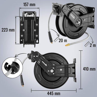 Poppstar Druckluftschlauchtrommel aus Stahl (20m+2m, Durchmesser (9,2x15mm)), Anschlüsse 1/4 Zoll BS
