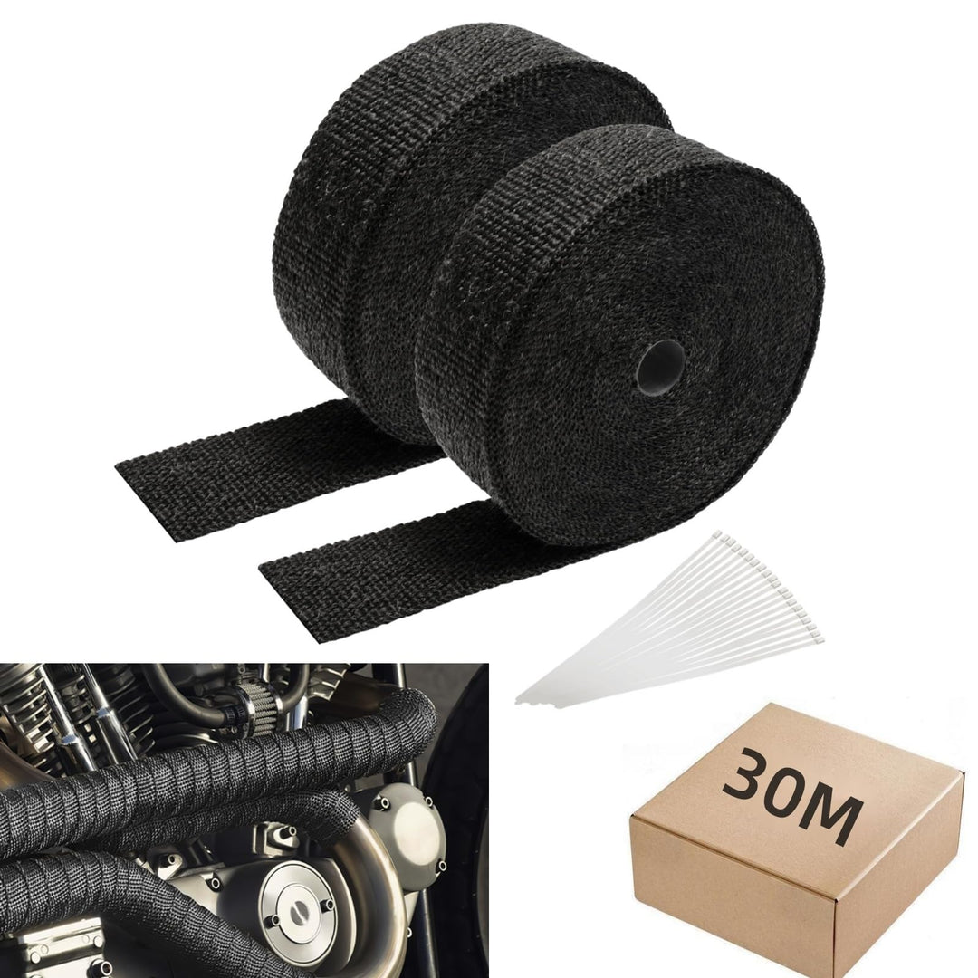 Fiqops 30M x 5CM Hitzeschutzband Auspuff Dichtband mit 10Pcs Edelstahl Kabelbinder Auspuffband Hitze