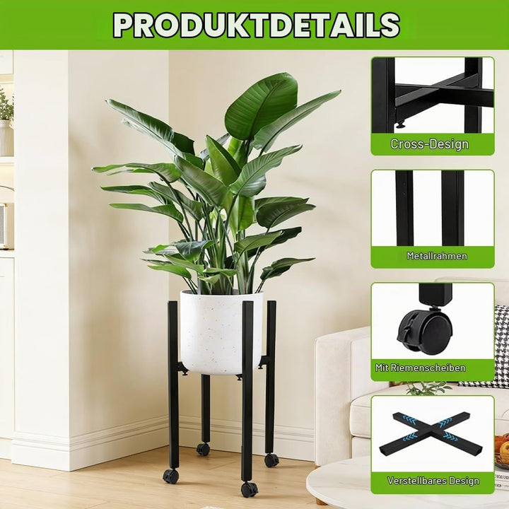 Blumenständer Metall Schwarz Verstellbar mit 4 Rollen, Blumenhocker &amp; Pflanzenständer Hoch für Töpfe
