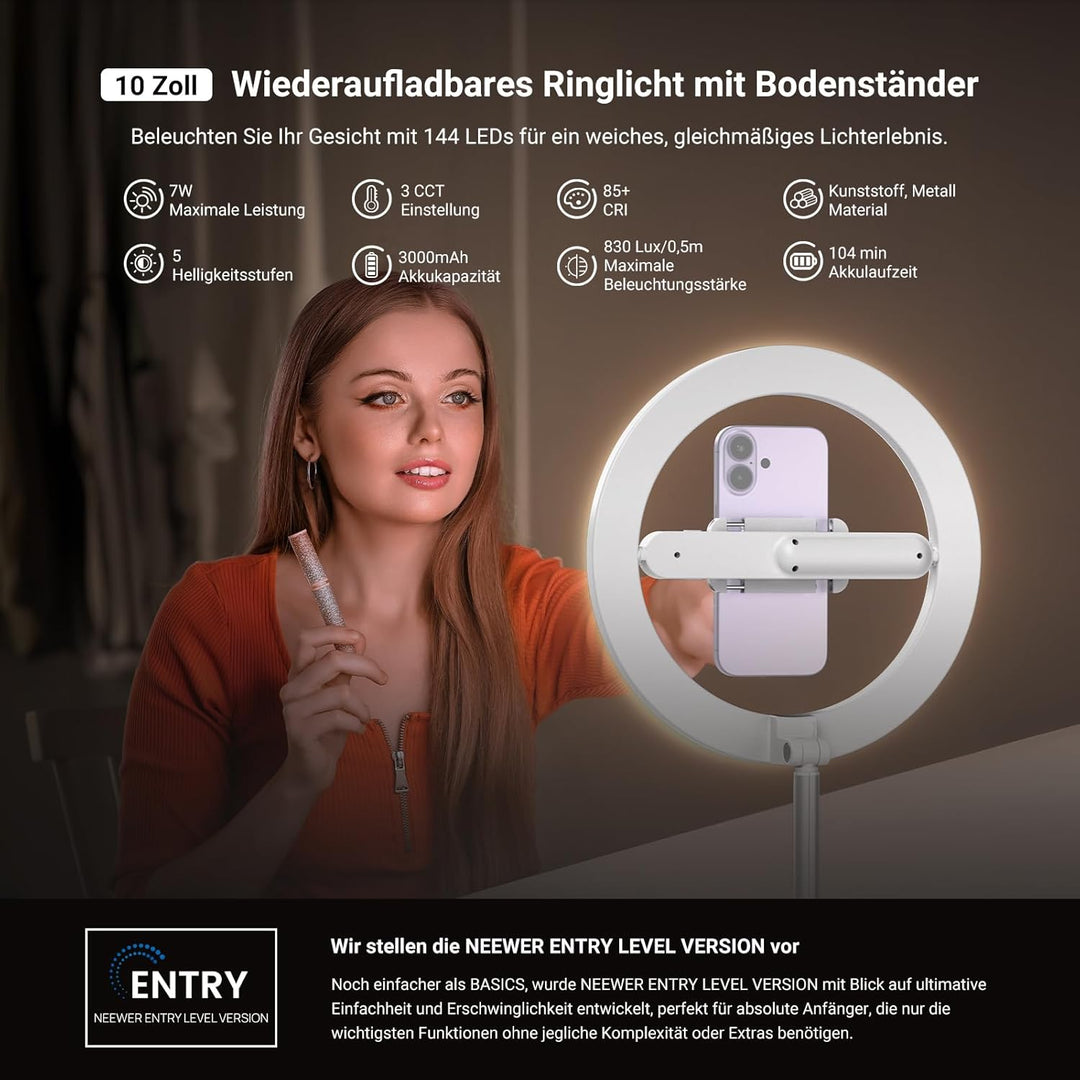 NEEWER Entry Level Version 10" 7W LED Ringlicht mit Ständer/Handyhalterung/3 Farbmodi, 69" teleskopi