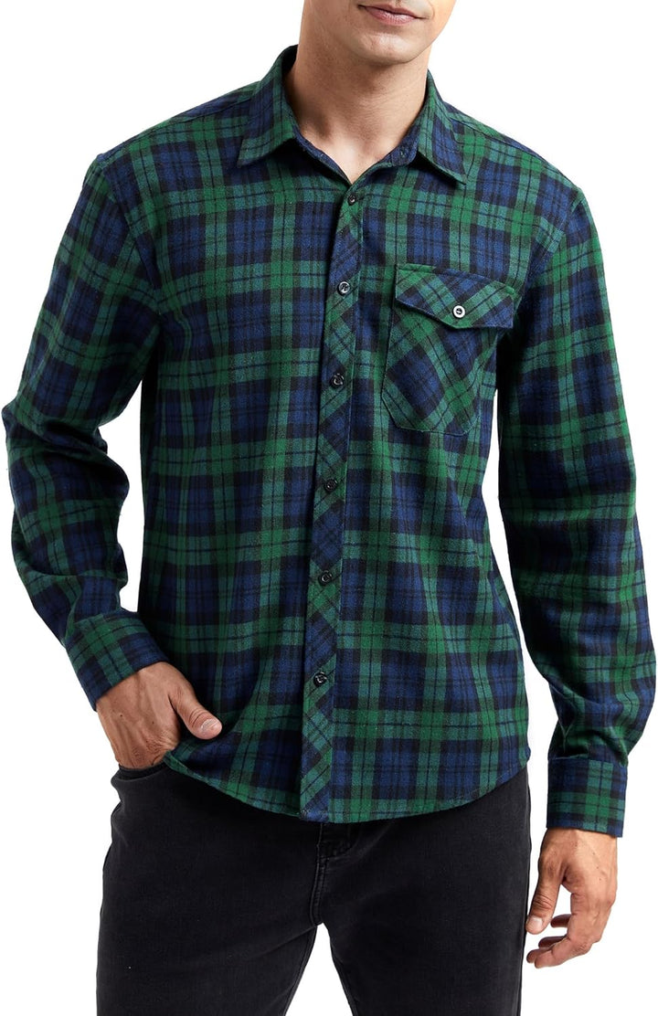 HISDERN Herren Hemd Checked Flanell Shirt, Herren Langarm Oberteil für Männer mit Brusttaschen, Butt