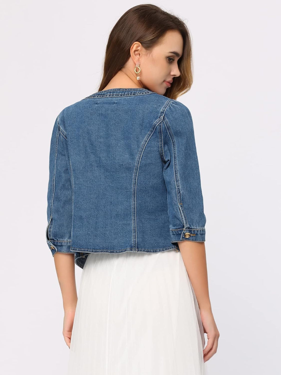 Allegra K Damen Jeansjacke 3/4 Ärmel Open Front Kragenlos Jacke mit Taschen XL Blau, XL Blau