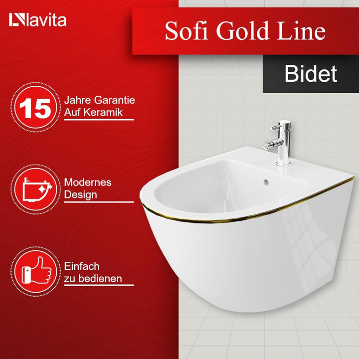 LAVITA Universal Wand-Bidet Sofi Gold Line mit Hahnloch und Überlaufschutz aus Keramik Sitzwaschbeck