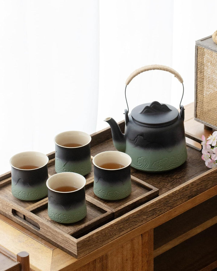 ZENS Japanische Teekanne Keramik Mit 4 Tassen, Teeservice für Losen Tee | Matte Geprägtem Teekanne J