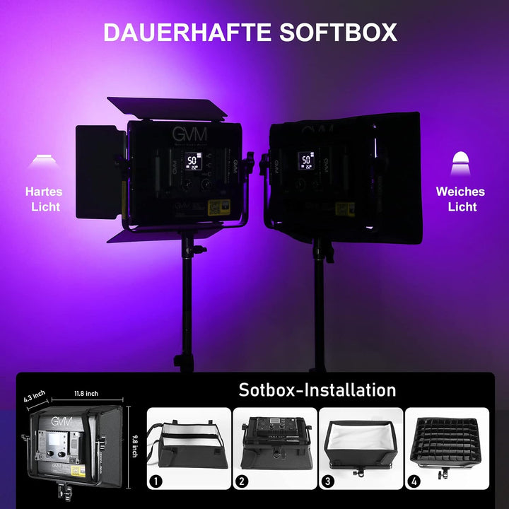 GVM 1000D RGB LED Videoleuchte mit Softbox, APP Steuerung LED Videobeleuchtung mit Stativ, 3200K-560