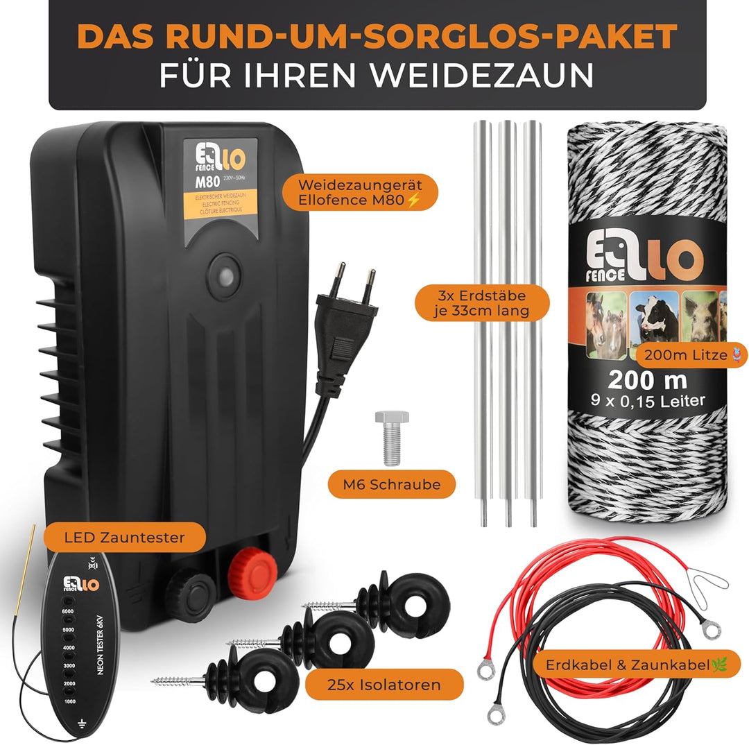 Ellofence Hobby Weidezaun Starterset komplett mit Weidezaungerät, Weidezaunlitze, Erdpfahl und Isola