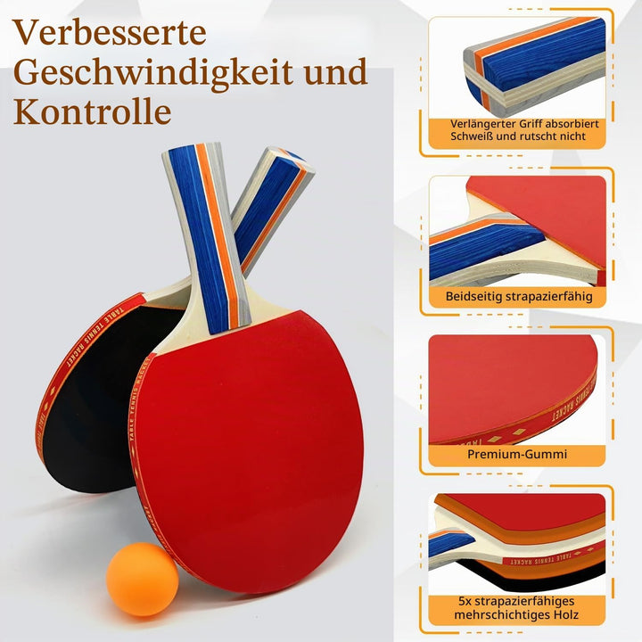 Tischtennis-Set,Tischtennisschläger Profi, 2 Tischtennisschläger, 1 Einziehbarem Netz,8Tischtennis-B
