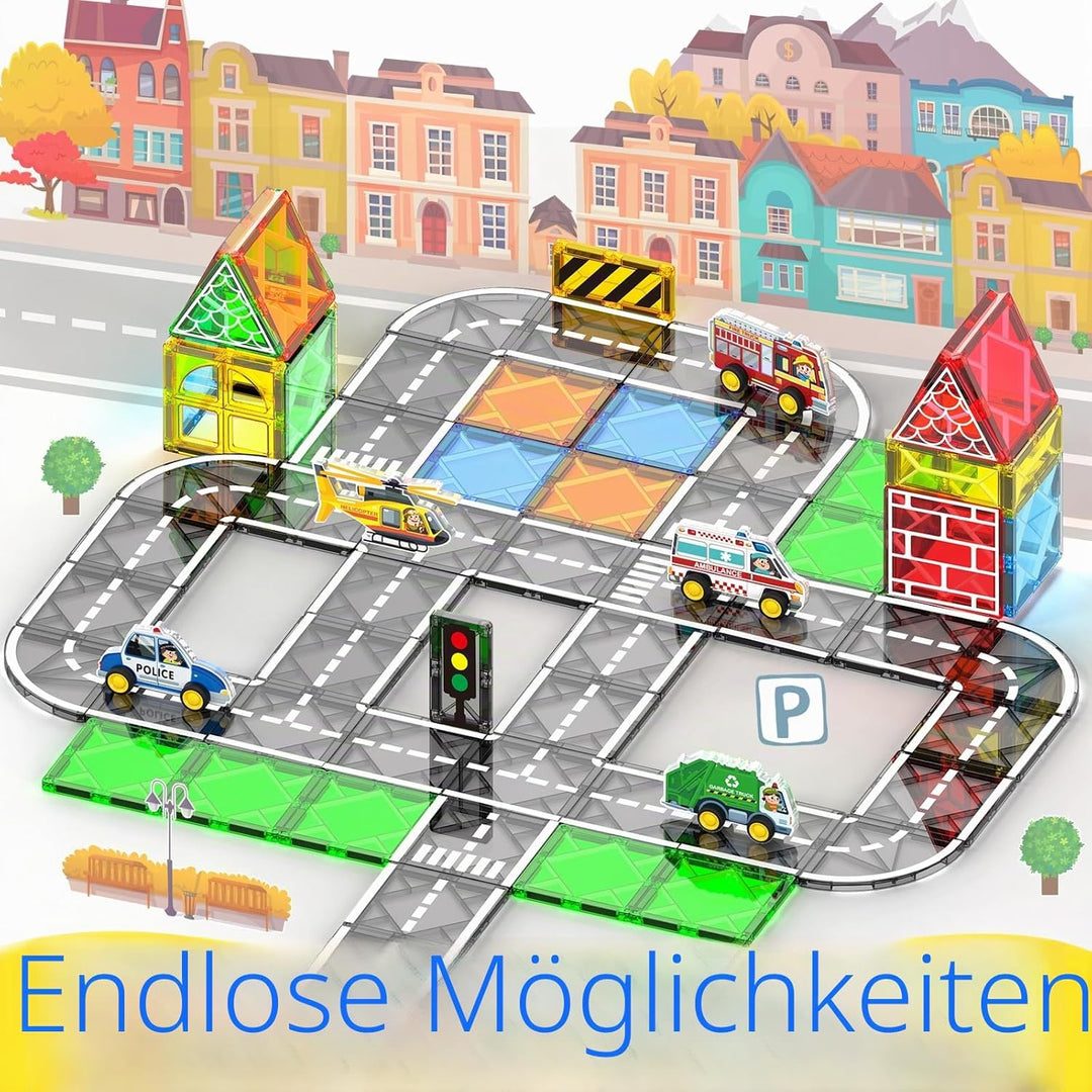 Oriate Stadt Magnetische Magnet Bausteine Spielzeug Set，Rollende Cars Kompatibel Mit Magnetbausteine