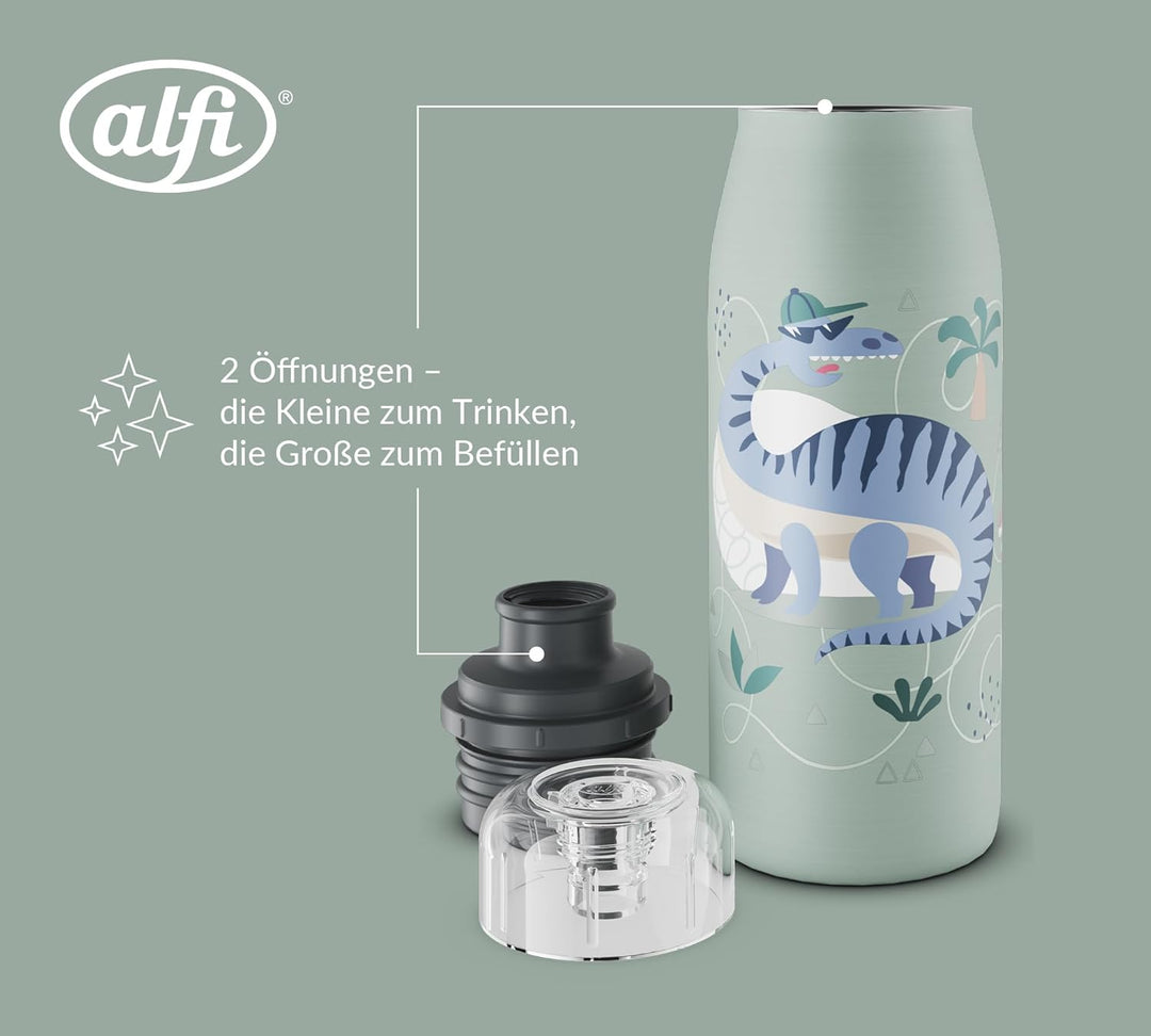 alfi KIDS ISO BOTTLE 350ml, grün mit Dinos, Isoliertrinkflasche Kinder Edelstahl, absolut dichter Dr