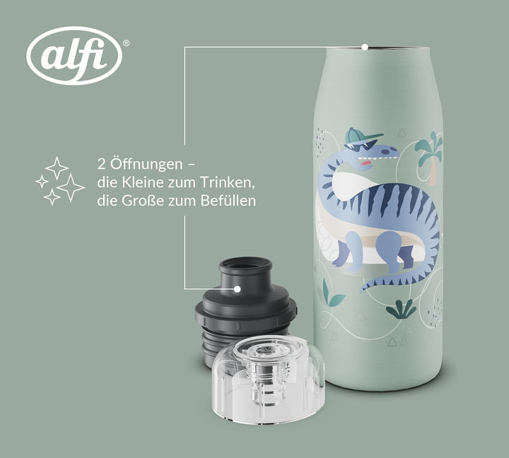 alfi KIDS ISO BOTTLE 350ml, grün mit Dinos, Isoliertrinkflasche Kinder Edelstahl, absolut dichter Dr