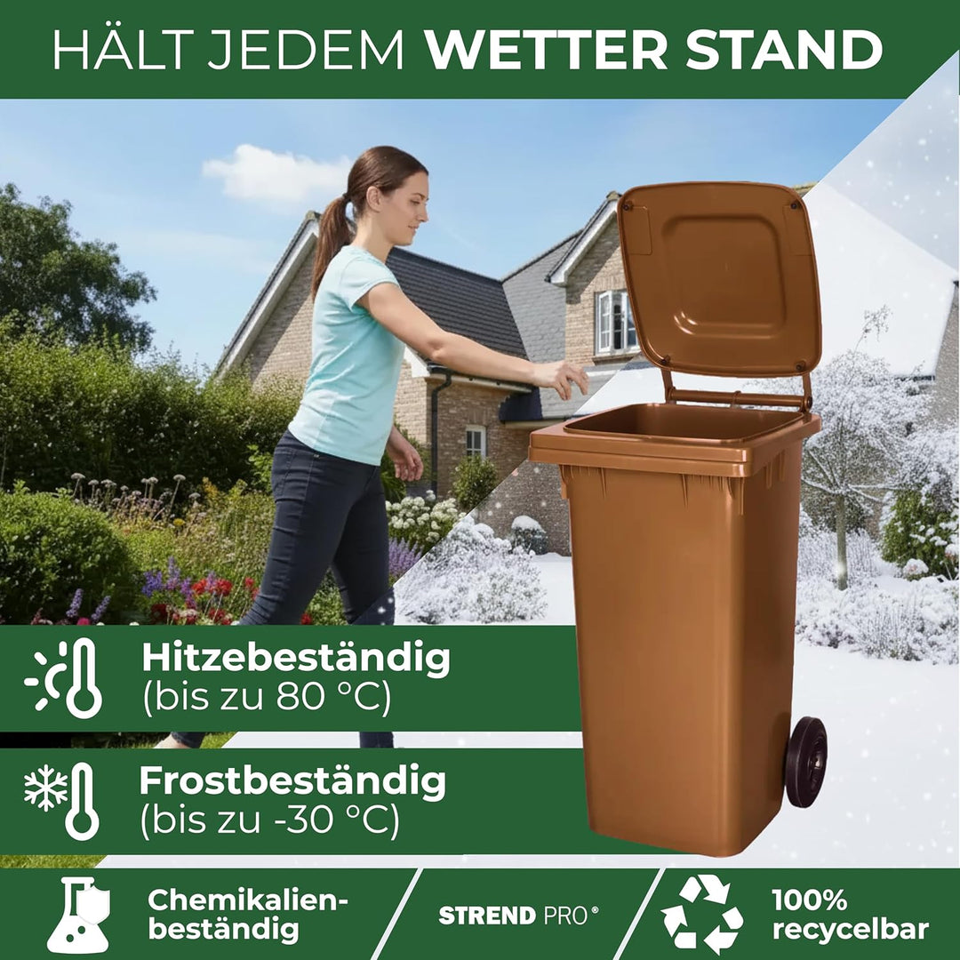 Strend Pro Mülltonne mit 120L Braun | Grosse Tonne Deckel & Rädern | Mülltonnen für Bioabfall & Gart