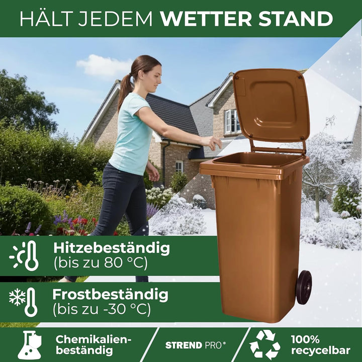 Strend Pro Mülltonne mit 120L Braun | Grosse Tonne Deckel & Rädern | Mülltonnen für Bioabfall & Gart