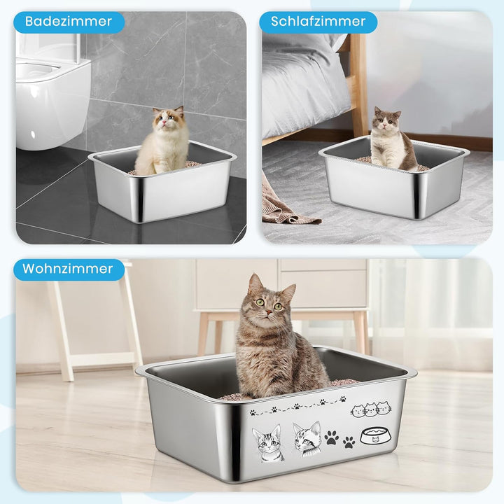 Lohofrnny Edelstahl Katzenklo, 50×35×20cm Grosse XXL Katzentoilette aus Edelstahl, Katzenklo Geruchs