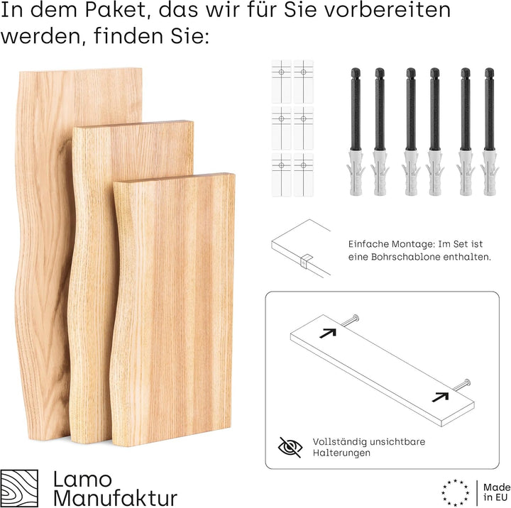 LAMO Manufaktur 3 Stück Wandregal aus Holz mit unsichtbarer Befestigung 40/35/30cm | Wandregal aus 1