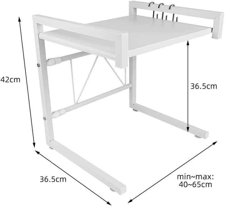 Teleskop-Küchenorganizer aus Edelstahl, Küchenregal mit 3 Haken, Verstellbereich 40-65cm (Weiss), We