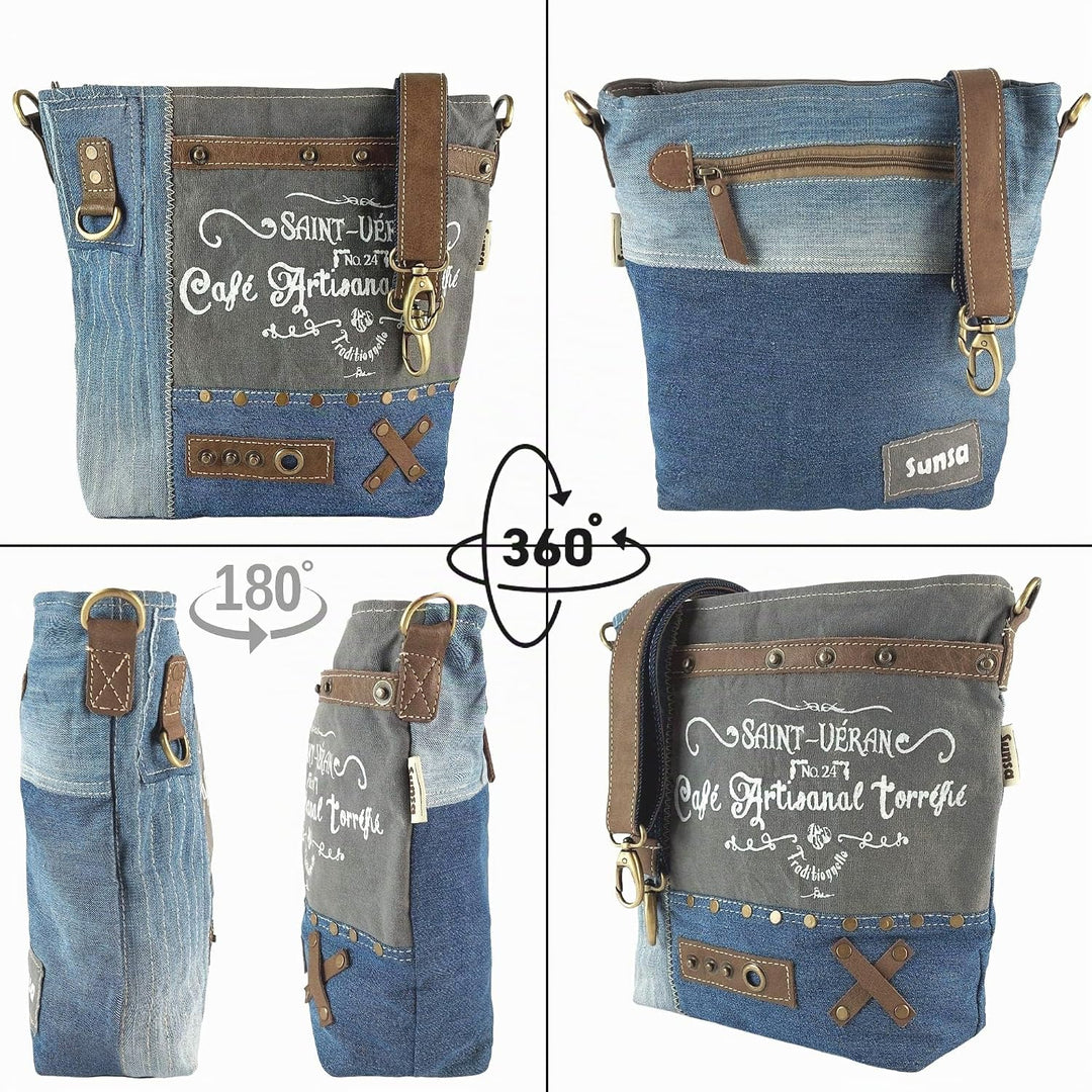 Sunsa Damen Umhängetasche. Schultertasche aus Canvas recycelte Jeans &amp; Leder. Grosse Vintage Crossbo