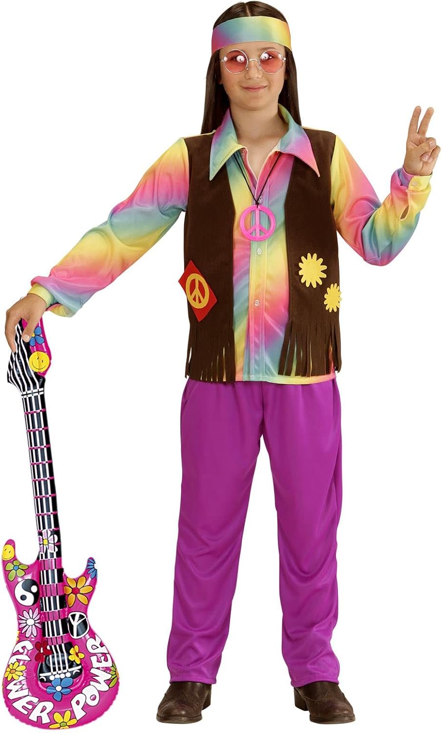 W WIDMANN MILANO Party Fashion - Kinderkostüm Hippie Junge, Shirt, angenähte Weste, Hose und Stirnba