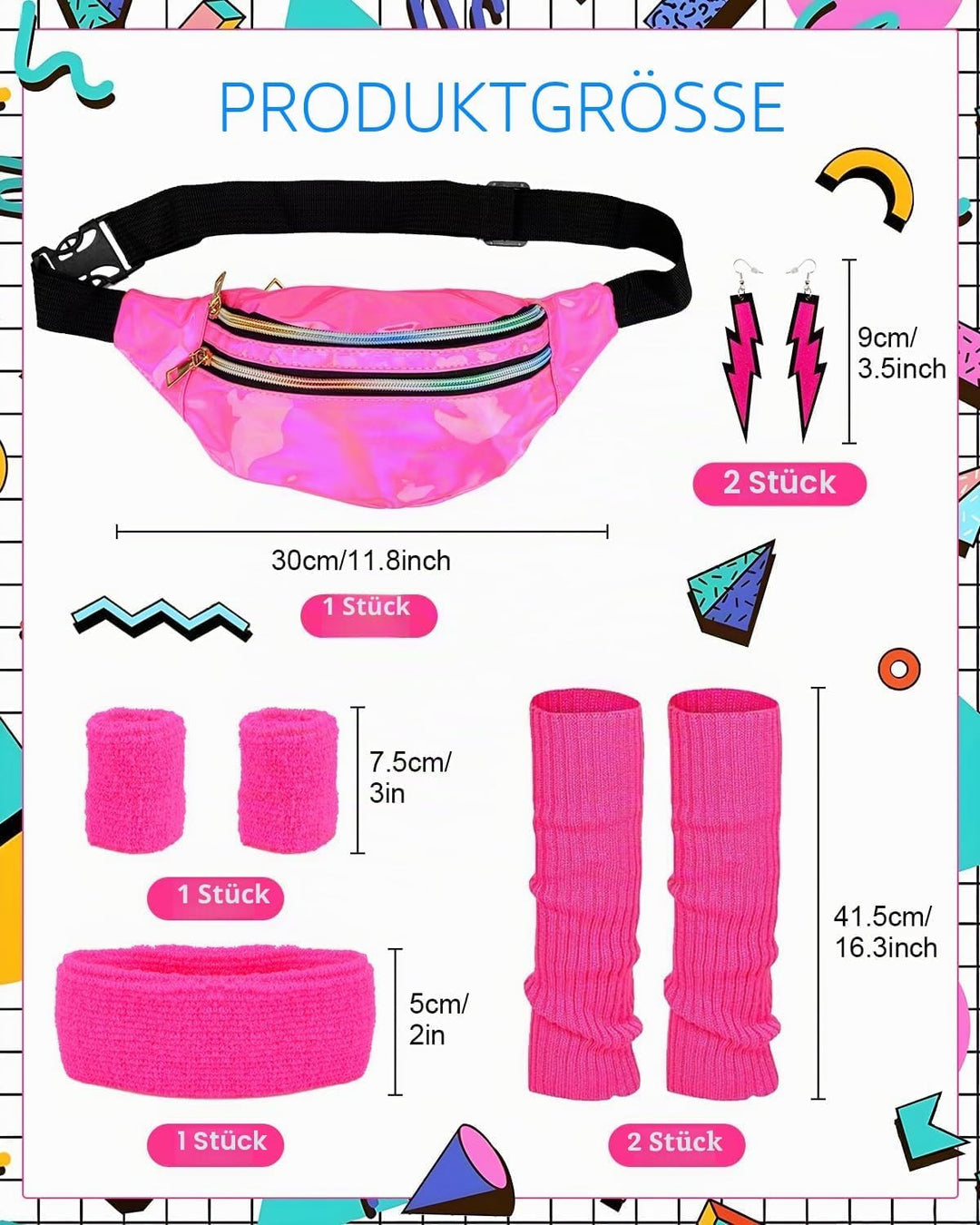 BIQIQI 80er Jahre Outfit Damen Set Retro Trainingsanzug Kostüm 80s 90s Kleidung Kostüm Accessoires C
