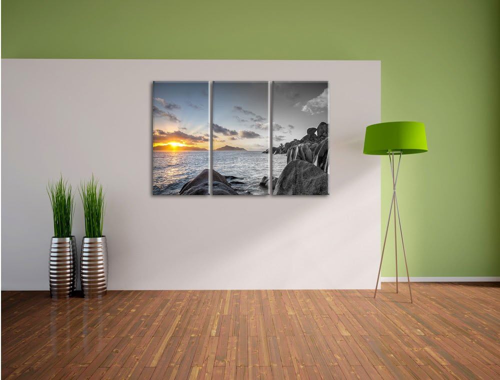 Pixxprint Sonnenuntergang Seychellen als Leinwandbild | Grösse: 3 Teilig (120x80) | Wandbild| Kunstd
