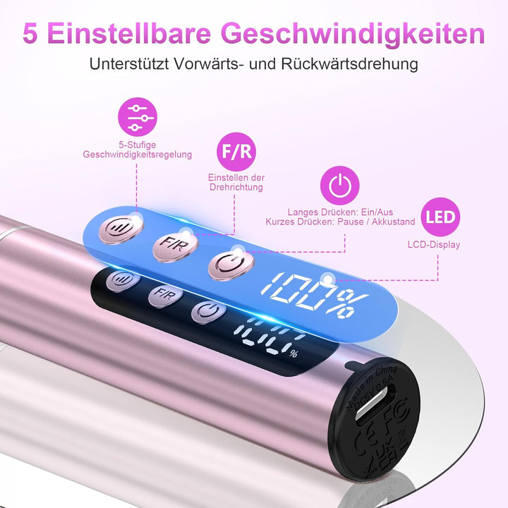 Nagelfräser Kabellose Elektrische Nagelfeile - 35000 U/Min Nagelfräser für Gelnägel, 12 IN 1 Profess